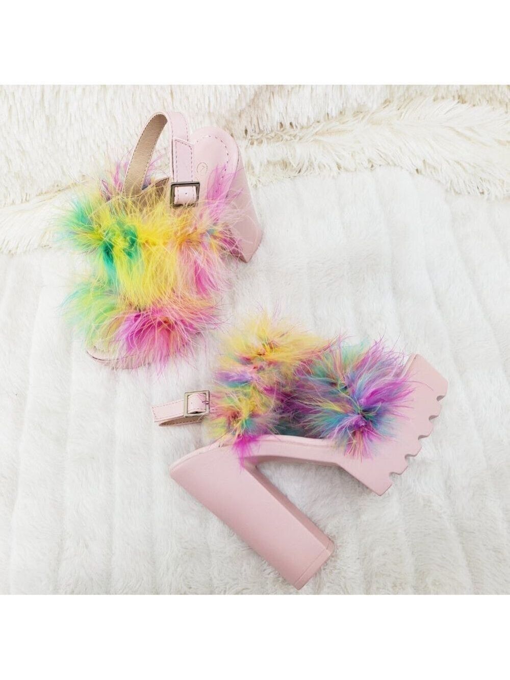 Multi Pink Marabou Feather Chunky Platform High Heel Shoes Top Rate